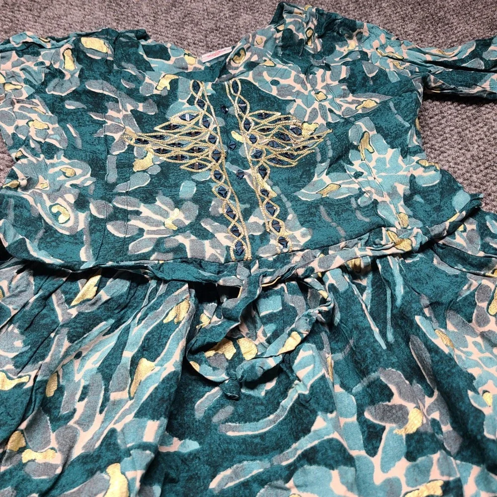 Kanchan Kids Teal Gold Foil Abstract Floral Embroidered Maxi Dress Size 40